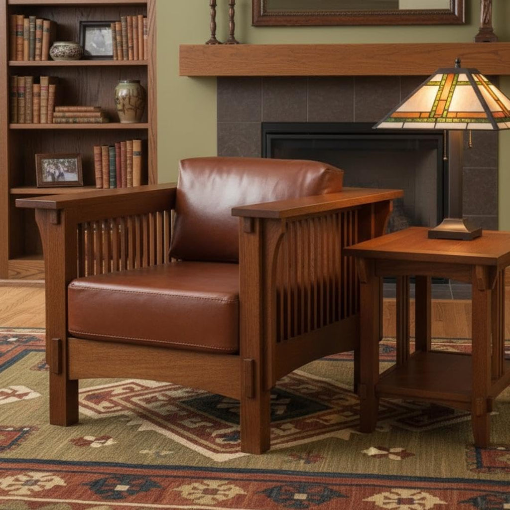 & Weavers Mission Crofter Style Oak and Leather Arm Chair/Craftsman Sofa Chair