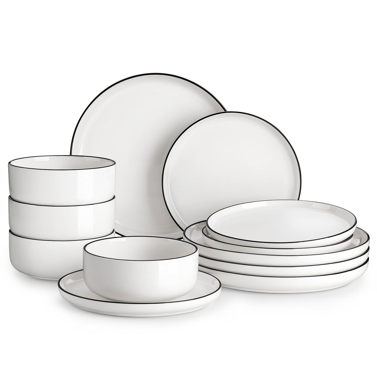 Plates and Bowls Sets, 12 Pieces Modern Porcelain Dinnerware Set for 4 White Kitchen Dinner Dining Ware Set wtih