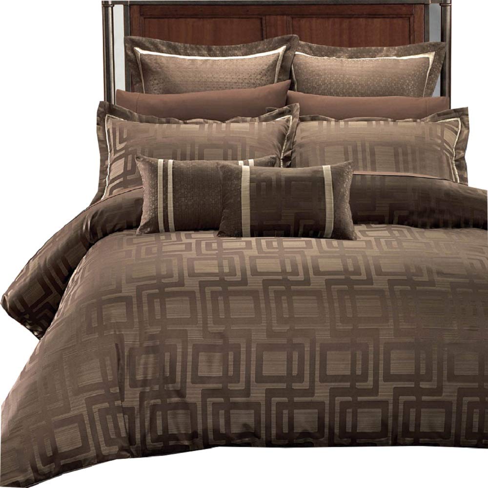 Janet Jacquard 7PC Full-Queen Duvet Cover Set Multi-Tone of Charcoal Brown and Beige