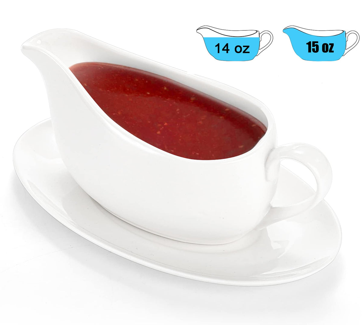 15 oz Gravy Boat and Tray, Ceramic White Gravy Sauce Boat with Saucer Stand for Dining, Holiday Meals & Parties
