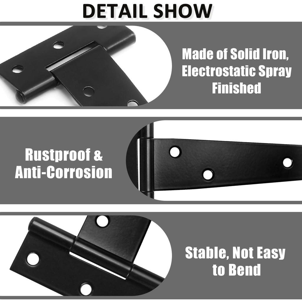 Heavy Duty T-Strap Hinge, Black, 8 Inch, 6 pcs
