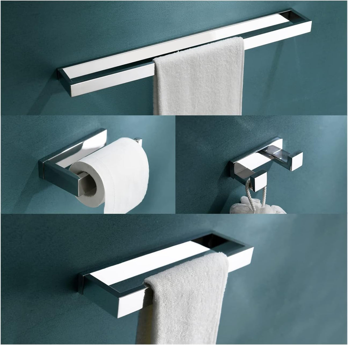 4-Pieces Bathroom Hardware Set, Polished Chrome Towel Bar Set, Wall Mounted Stainless Steel Bathroom Hardware