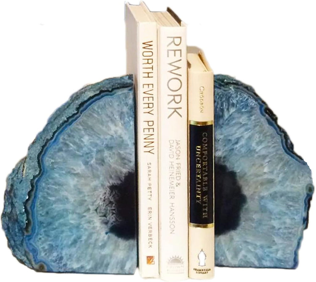 Heavy Blue Agate Geode Bookends Anti-Slip Rubber Pads Decor 6-8 lbs | 1Pair dyed blue crystal bookends Large heavy