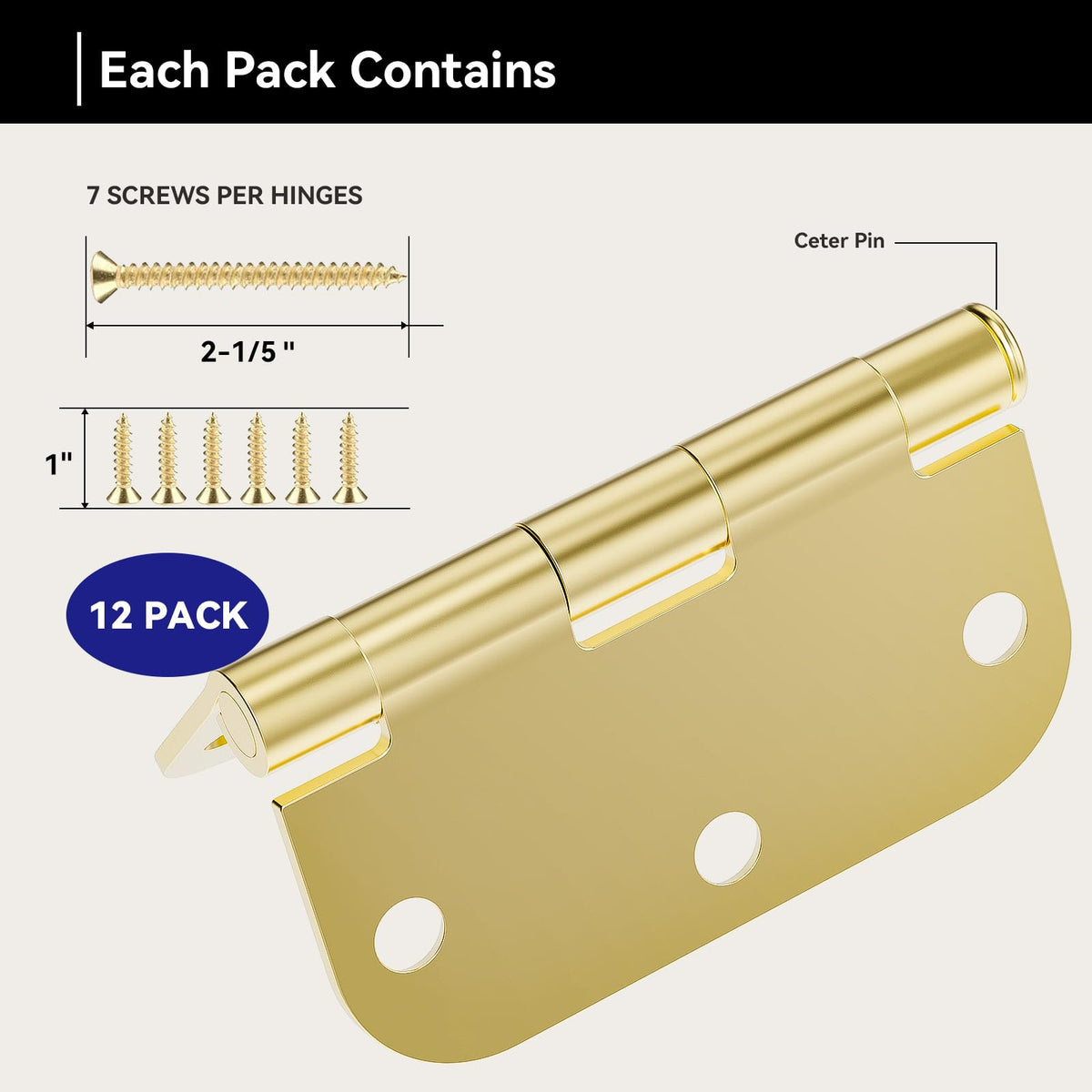 Door Hinges Polished Brass - 12 Pack Gold Door Hinges 3.5 Inch Rounded Interior Door Hinge with 5/8" Radius - 3 1/2