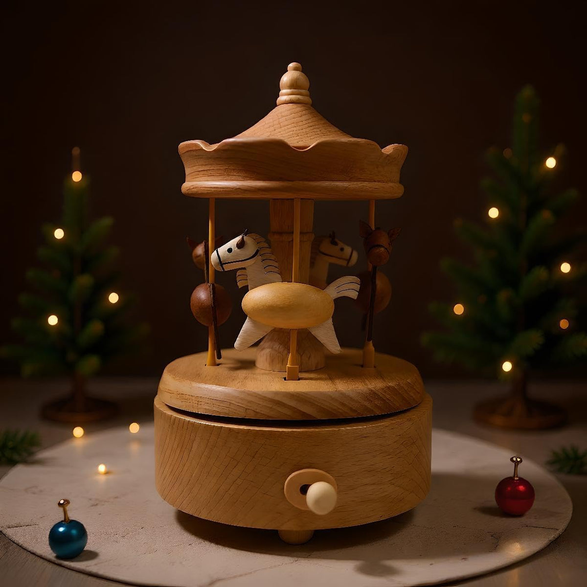 Wooden Carousel Music Box with Moving & Elevating Horses, Rotating Wind-Up Decor, Collectible Mechanical Musical Box