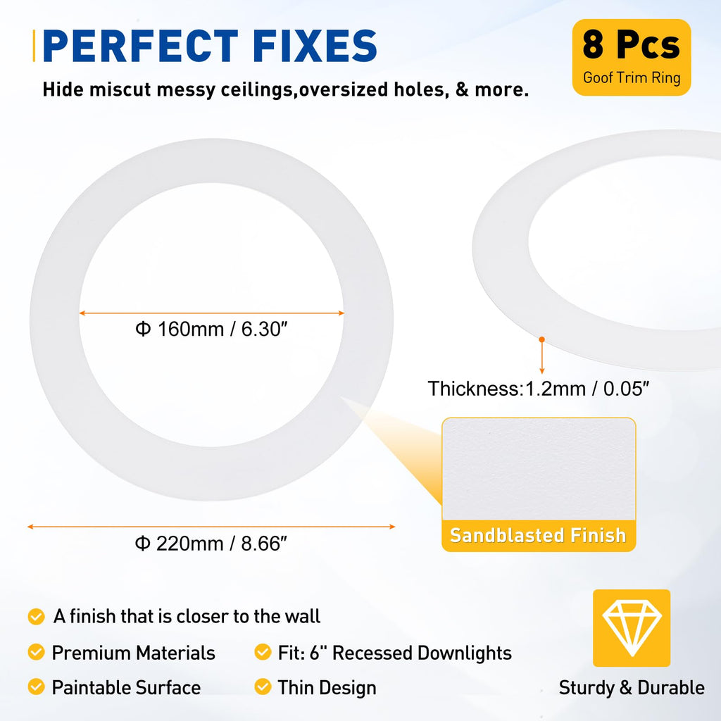 Goof Rings for 6" Recessed Lights 6.3" ID 8.7" OD Matte White 8Pcs