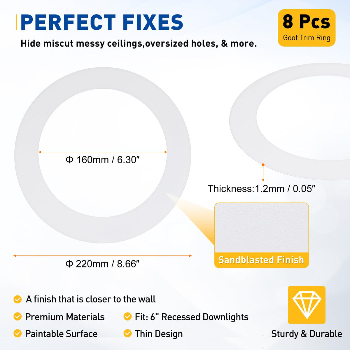 Goof Rings for 6" Recessed Lights 6.3" ID 8.7" OD Matte White 8Pcs