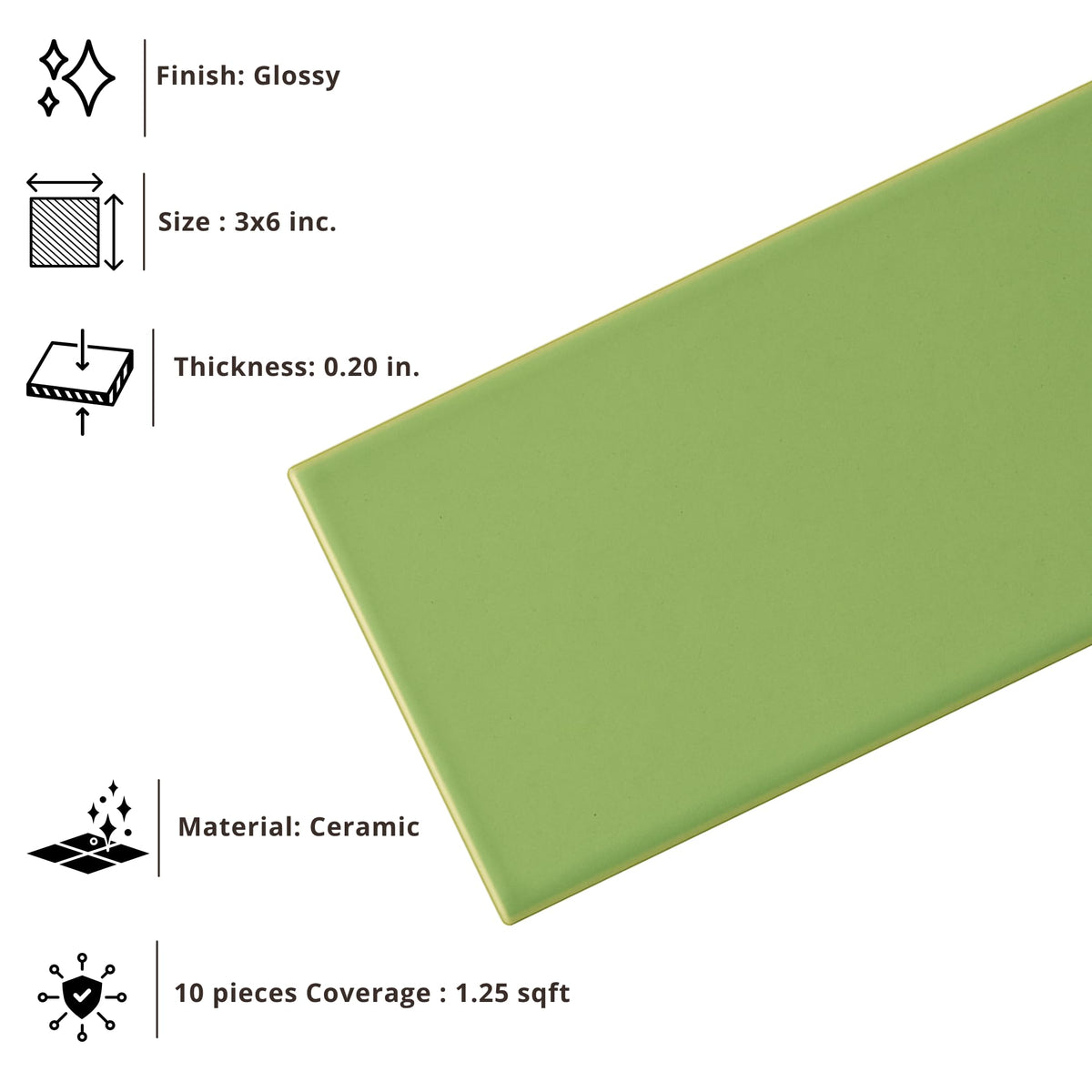3x6 Ceramic Subway Tile Gloss (Shinny) Box of 10 Pieces Wall Shower Kitchen Backsplash (Olive Green)