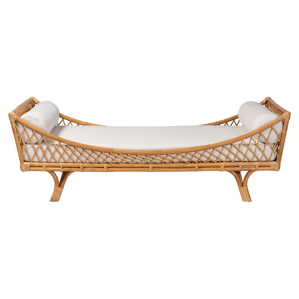 Akemi Handwoven Natural Rattan Daybed with Cushion - Boho Coastal Lounge Bed, or Sunroom