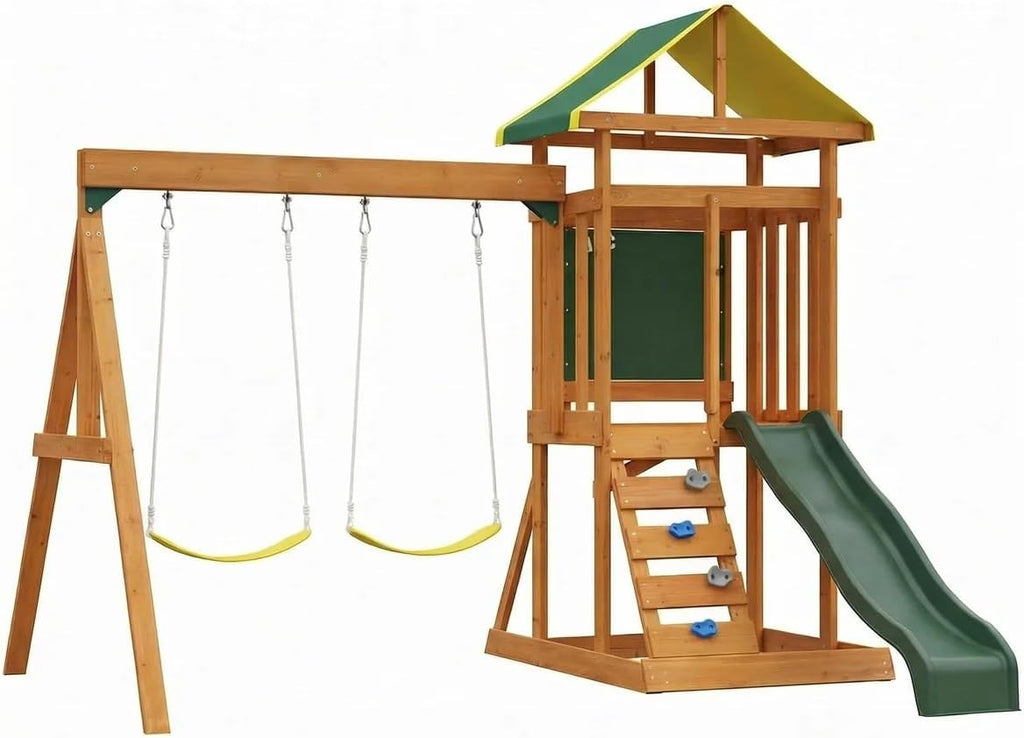 Cedar Wooden Backyard Playset with Swings, Wave Slide, Rock Wall Ladder, Sandbox Chalkboard & Canopy Roof, Outdoor
