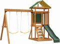 Cedar Wooden Backyard Playset with Swings, Wave Slide, Rock Wall Ladder, Sandbox Chalkboard & Canopy Roof, Outdoor