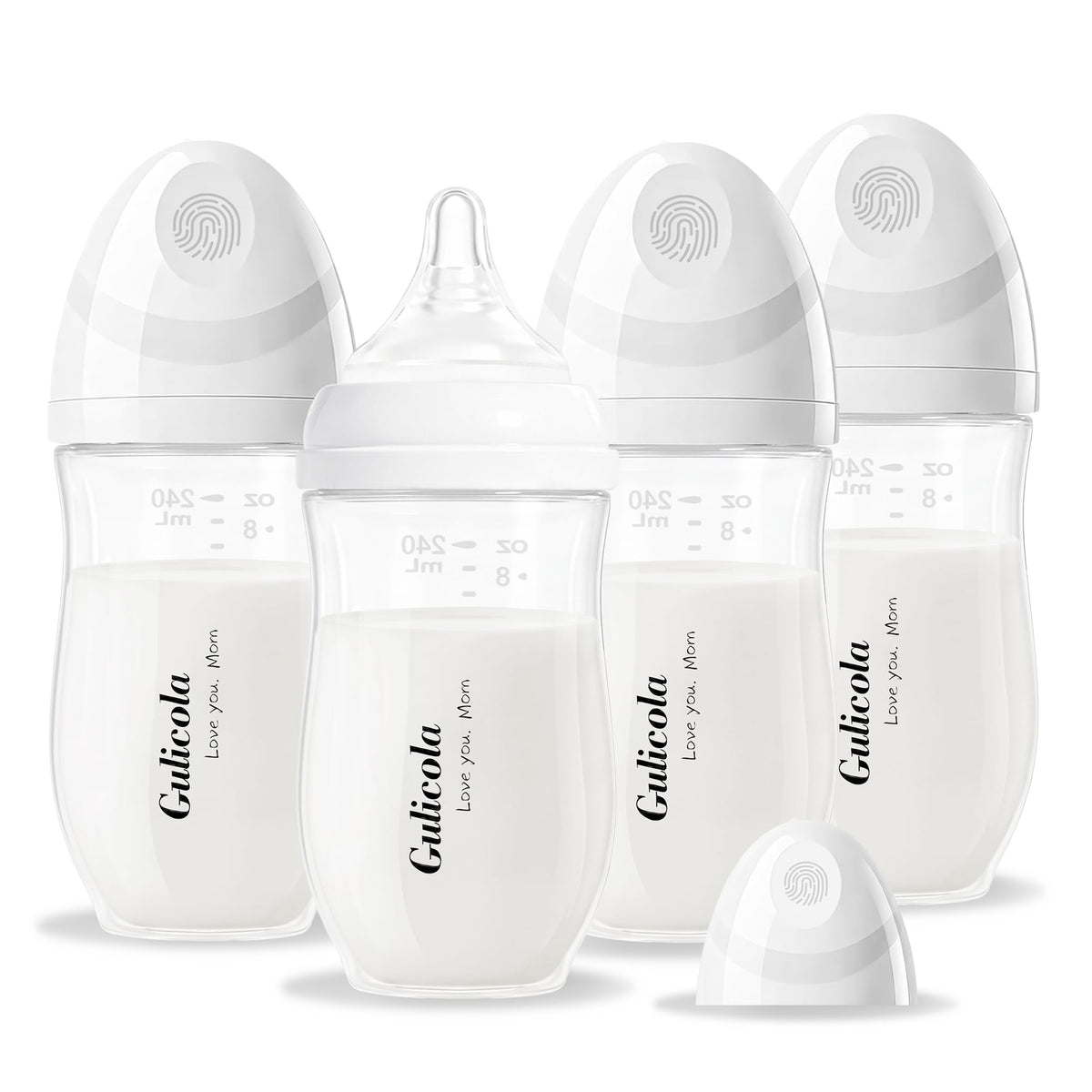 PP (NOT Glass) Baby Breastfeeding Bottles, Medium Flow Nipples (M), 3 Months +, Wide Neck, White, 8 oz - 4 Pack