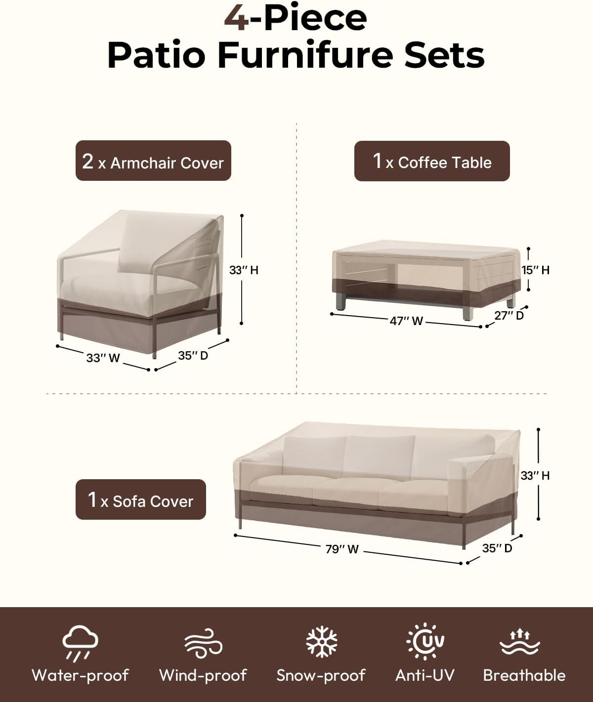 Patio Furniture Cover Set Waterproof 4 Piece Beige Large | 600D Heavy Duty, Outdoor Furniture Cover, Waterproof, Lawn