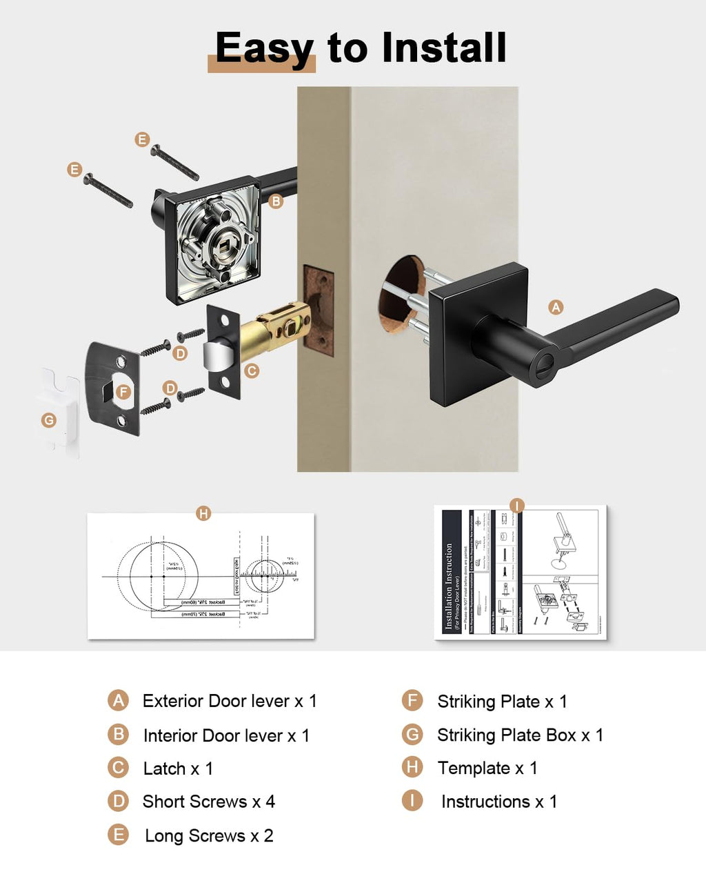 2 Pack Interior Privacy Door Handles, Matte Black Heavy Duty Levers with Lock Bathroom, Square Lockset Upgrade