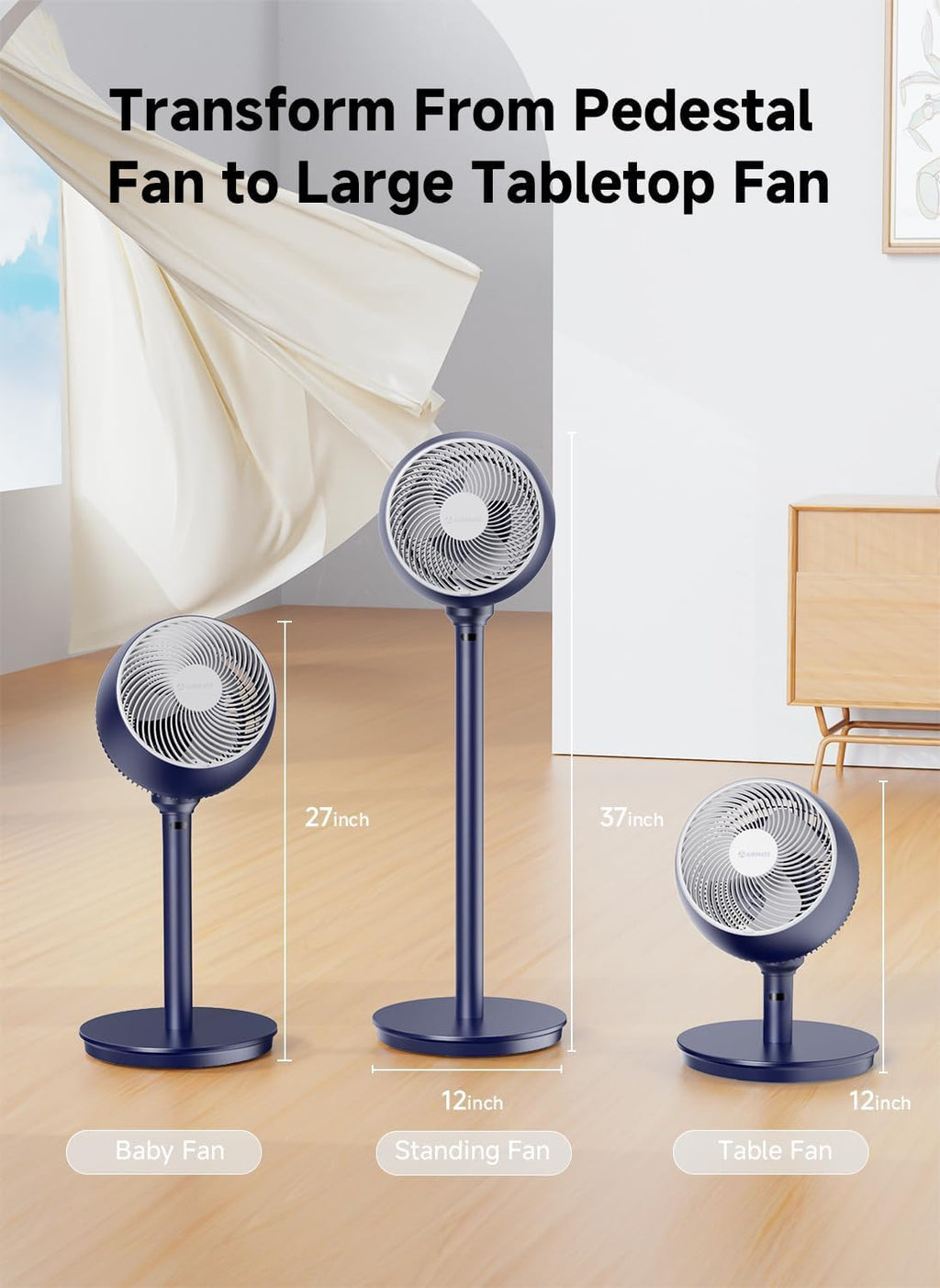 Standing Fan , 9" Blade Pedestal Fan with Remote, DC Motor, 12 Speeds, Quiet 25dB, 960CFM High Airflow, 85ft