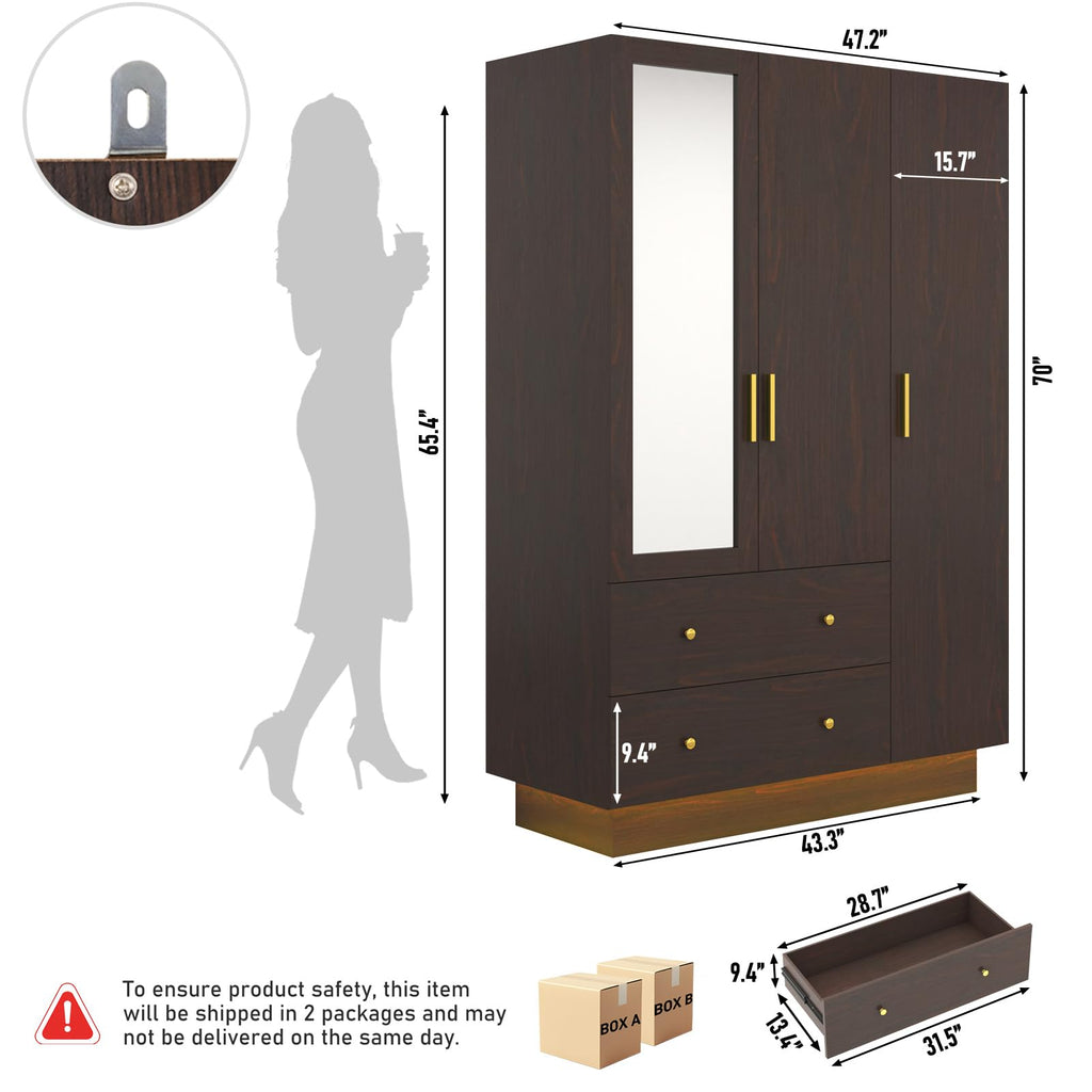 3 Door Wardrobe Closet with Mirror & LED Lights, Bedroom Armoire with Drawers & Shelves, Farmhouse Wooden Armoire