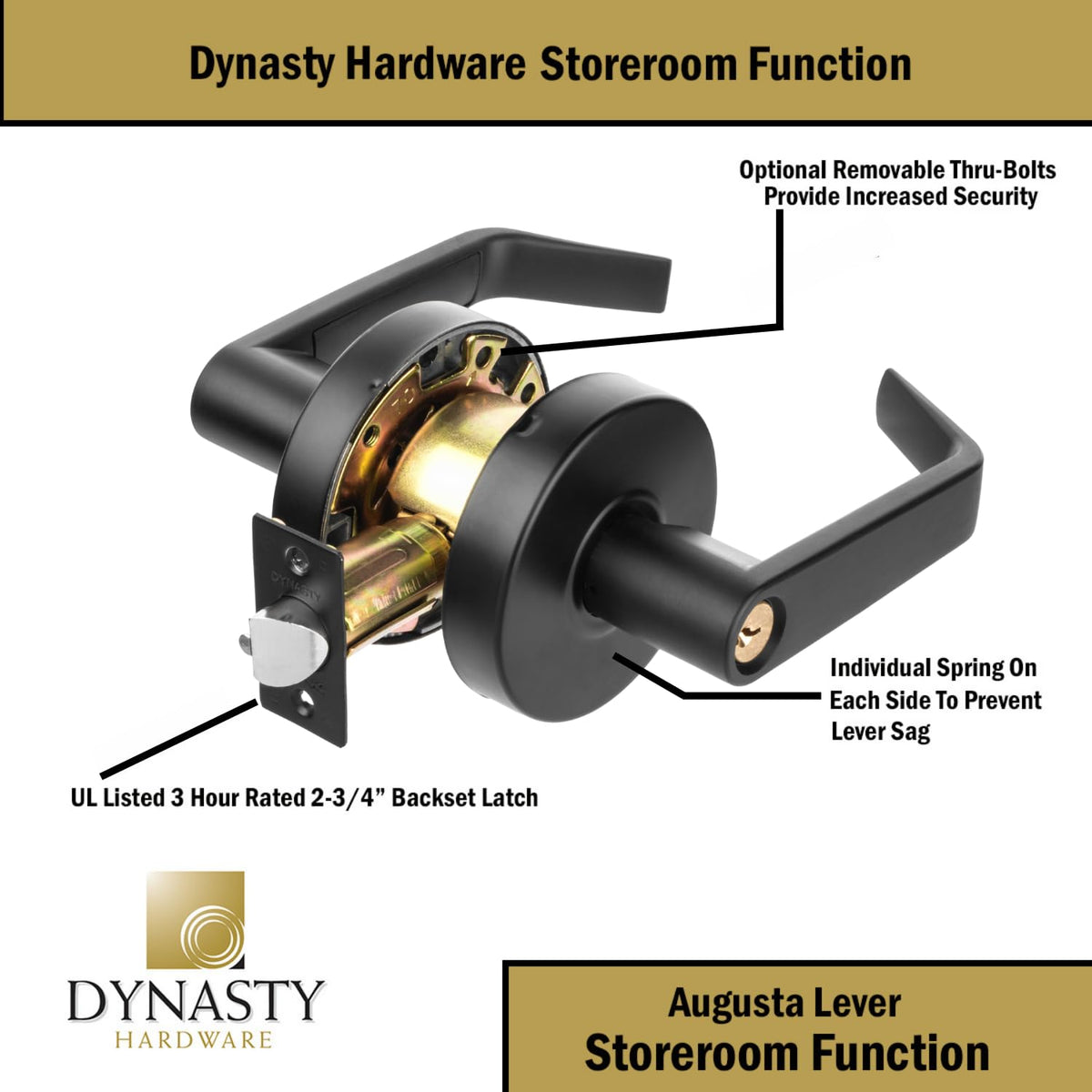 Augusta Storeroom Lever Lockset, ADA, Grade 2, Flat Black