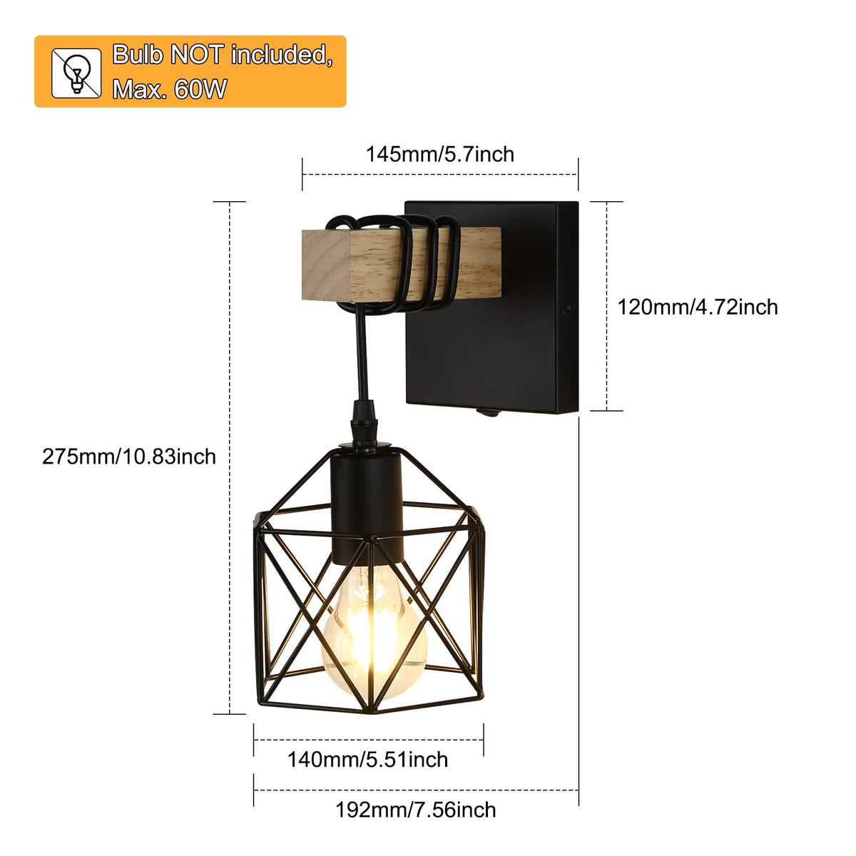 Black Cage Industrial Wall Sconce with ON/Off Switch Set of 2