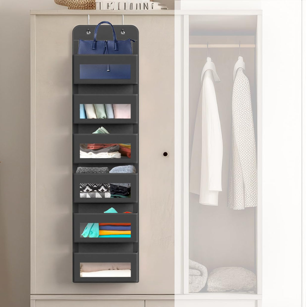 6 Clear Pocket Over Door Hanging Organizer, Dark Gray