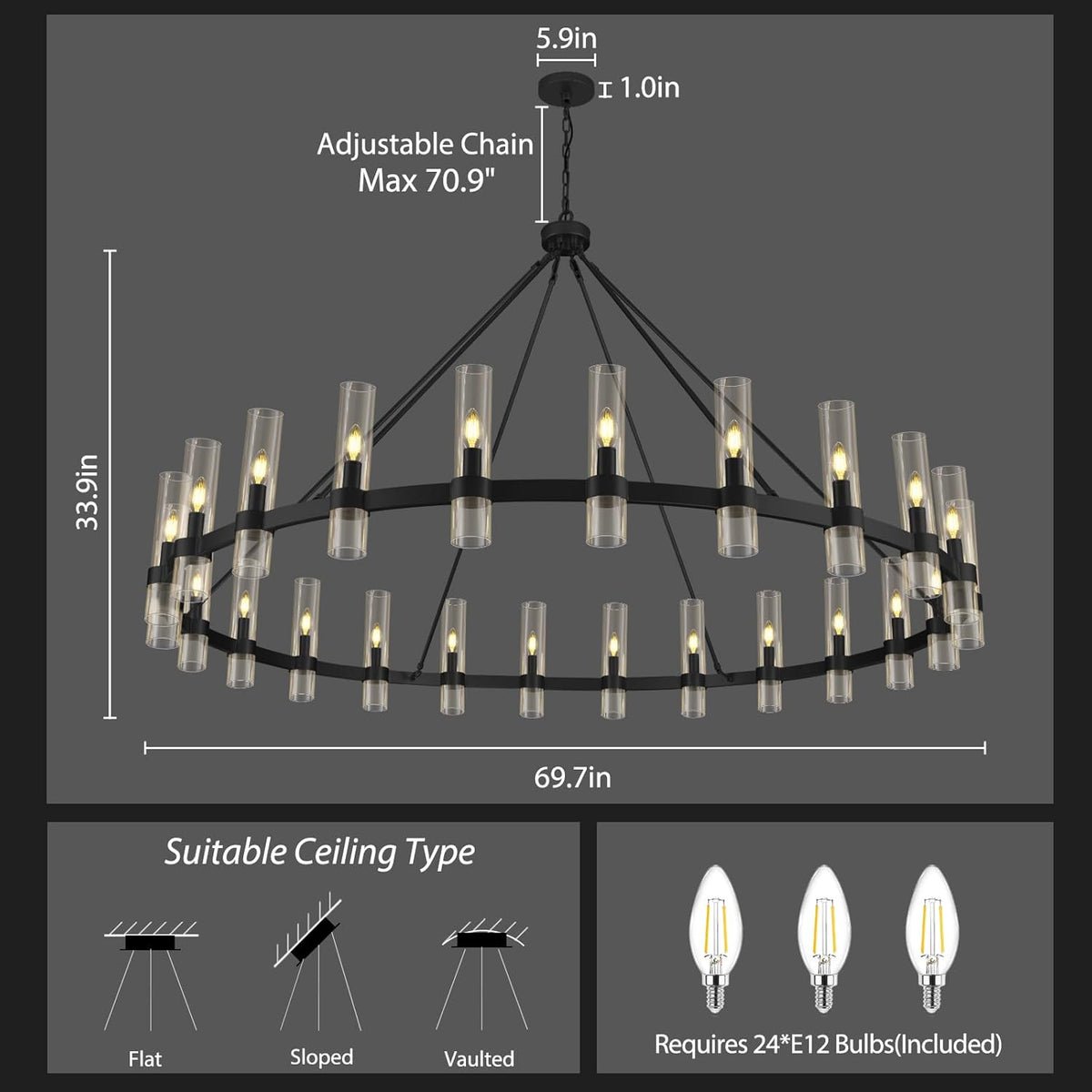 Inspired Ravelle Style Black Wagon Wheel Chandelier, 70 Inch Glass Chandeliers, 24 Light Chandelier for High Ceiling, Modern Farmhouse Chandeliers for Living Room, Dining Room, Entryway, Stairwell (Bulbs Included)