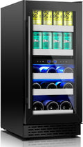 15 Inch Wine and Beverage Refrigerator,13 Bottle & 48 Cans Black Dual Zone Beverage Refrigerator