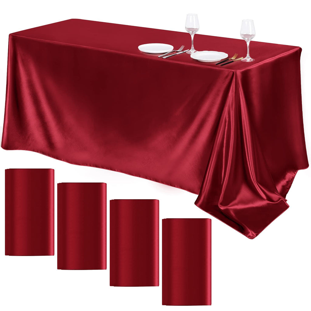 4 Pack Burgundy Satin Tablecloth 102 x 58 Inch Overlay Table Cover