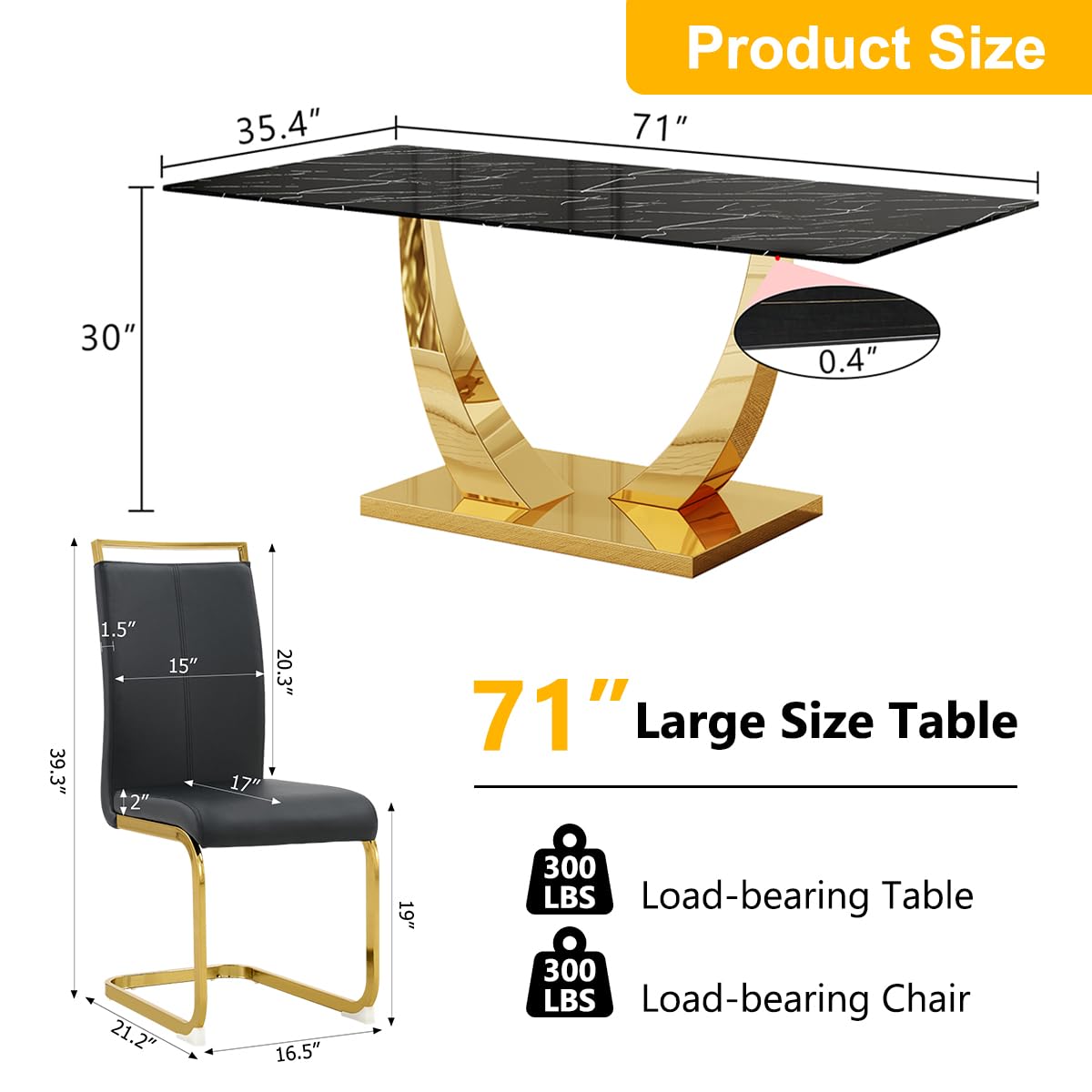 Black Dining Table Set for 6, 71" Faux Marble Dining Table Set for 6