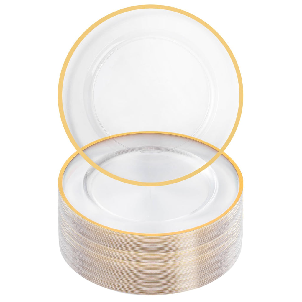 100 Pack 12 Inch Clear Charger Plates with Gold Rim