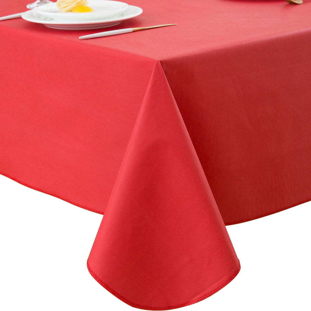 Vinyl Tablecloth with Flannel Backing, Red, Waterproof, Stain-Resistant, Easy-Clean Table Cover for Holiday, Dining