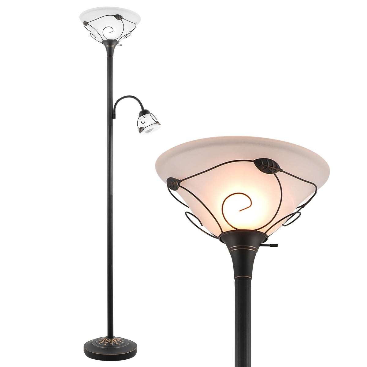 Torchiere Floor Lamp Tiffany Style w/ Side Reading Light, 3-Way Switch Combo Antique Bronze Mother Daughter Floor