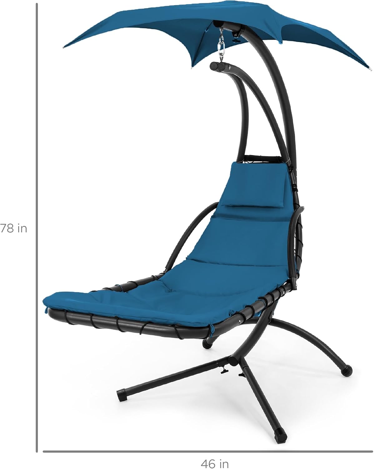 Outdoor Hanging Curved Steel Chaise Lounge Chair Swing w/Built-in Pillow and Removable Canopy - Peacock Blue