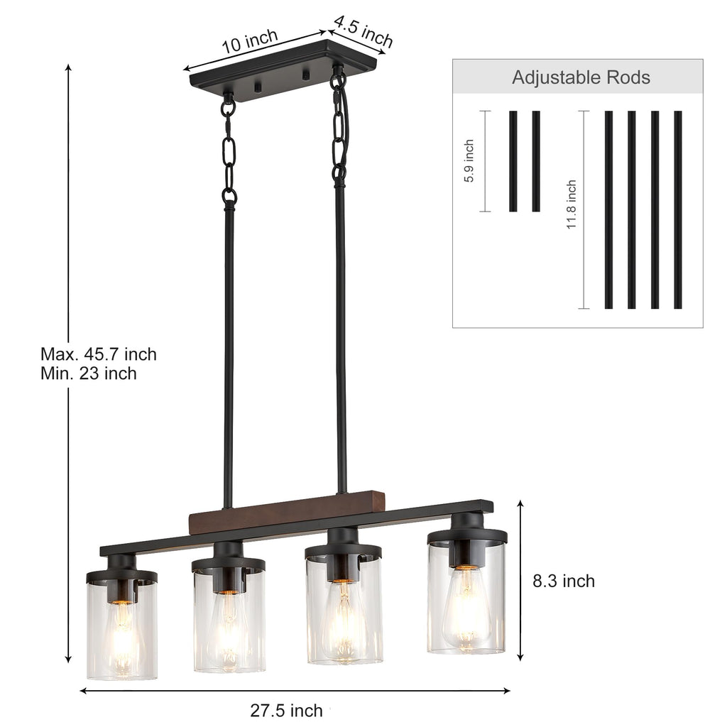Wood Kitchen Island Lighting,4-Light Farmhouse Dining Room Light Fixture Matte Black Modern Chandeliers Over Table
