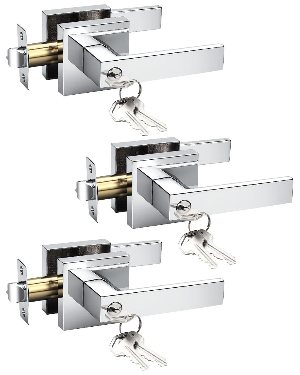 3 Pack Door Knob with Lock and Key Front Doot Handle with Lock Polished Chrome Modern Square Leverset