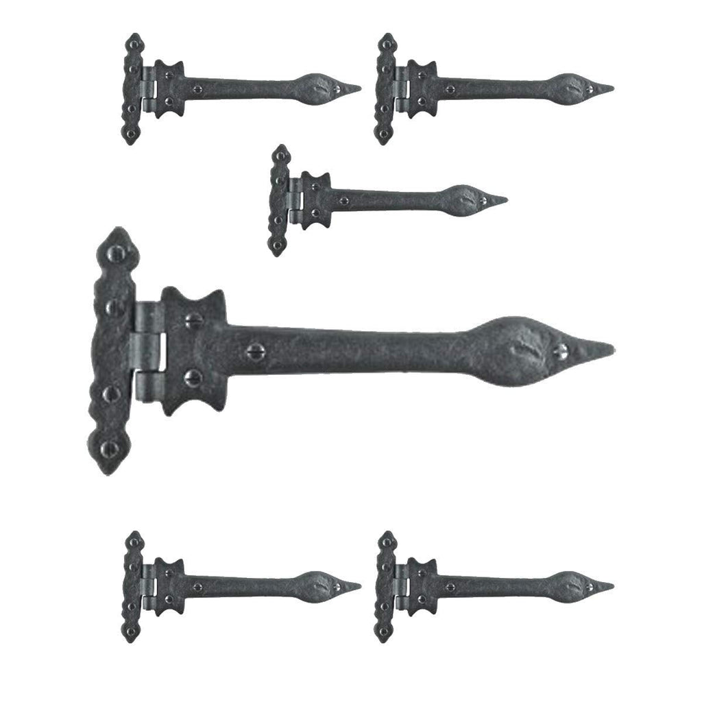 Strap Hinge 9" Black Wrought Iron Spear Tip Flush Mount Heavy Duty Strap Gate and Door Hinges with Hardware Pack of 6