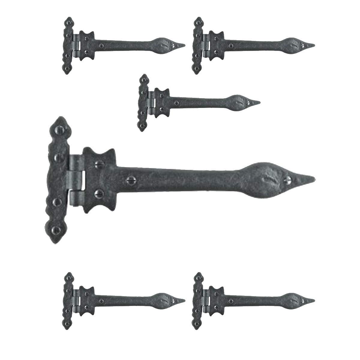 Strap Hinge 9" Black Wrought Iron Spear Tip Flush Mount Heavy Duty Strap Gate and Door Hinges with Hardware Pack of 6