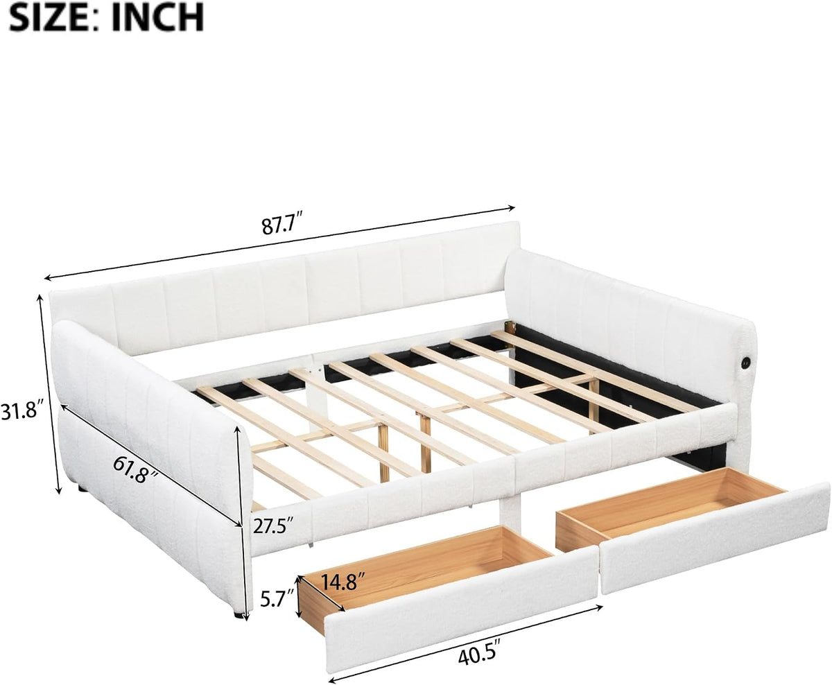 Queen Daybed Frame with 2 Drawers, Lambswool Upholstered Day Bed with USB Ports, Wood Slat Support, No Box Spring