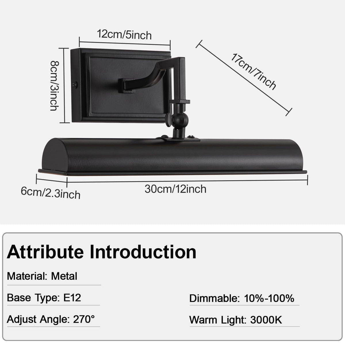 Picture Light for Wall, 12 Inch Black Wall Light Hardwired, 270° Rotatable, E12 Base, 2-Light Picture Frame Lights