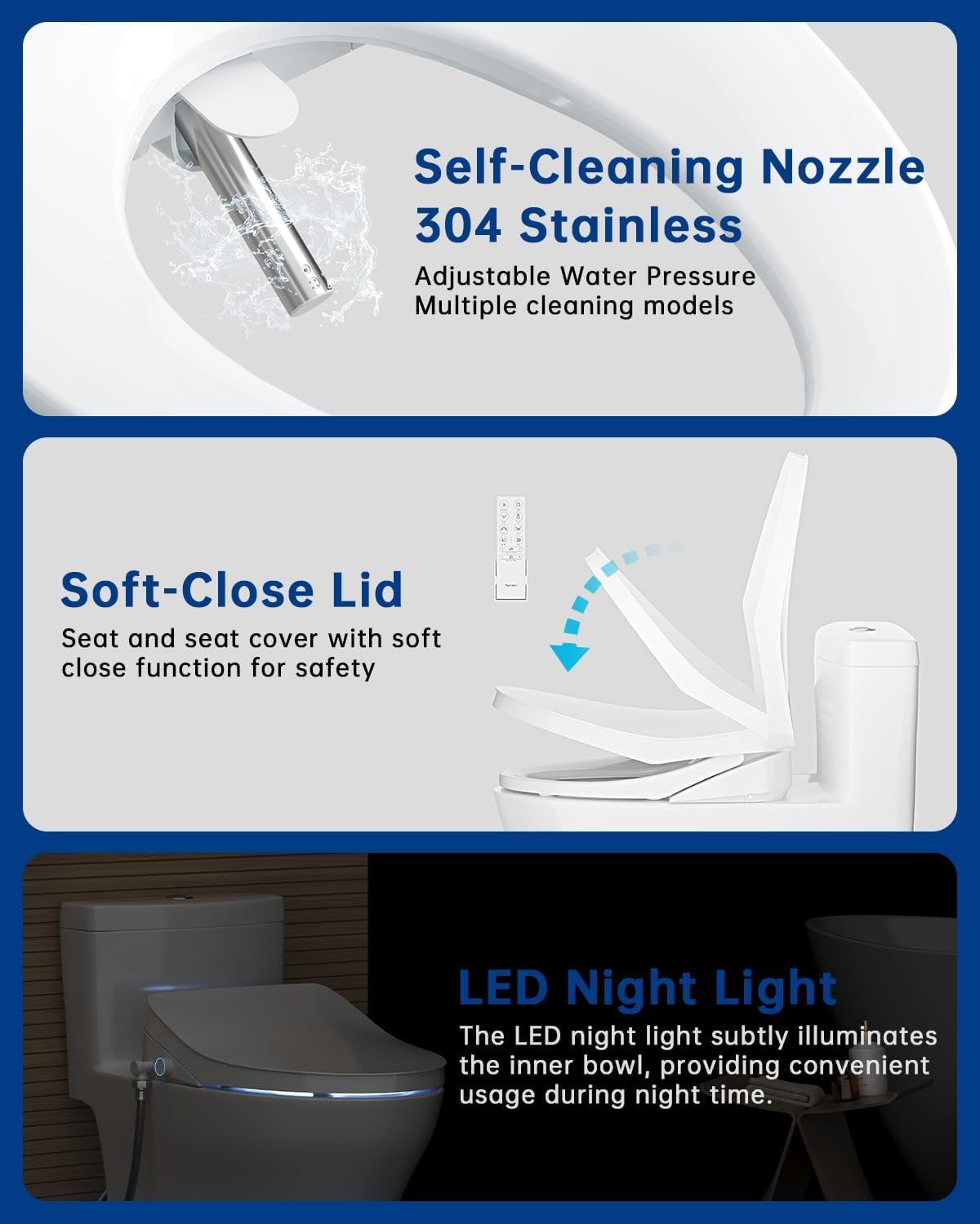 Heated Elongated Smart Bidet Toilet Seat with Feminine Wash and Air Dryer, Adjustable Water Temperature, Pressure and Nozzle Position, Soft-Close Lid