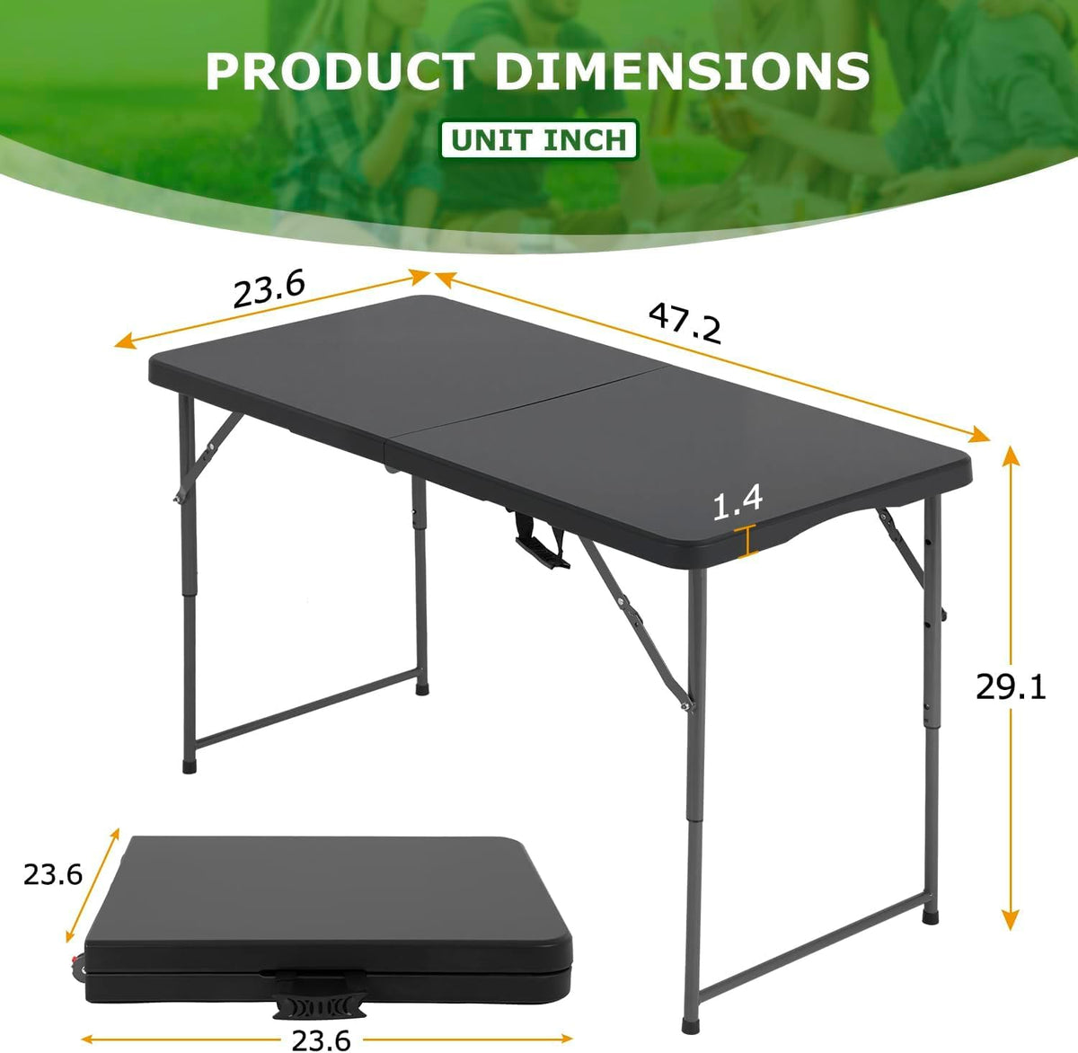 4ft Folding Table, Adjustable Height Plastic Foldable Table, Black