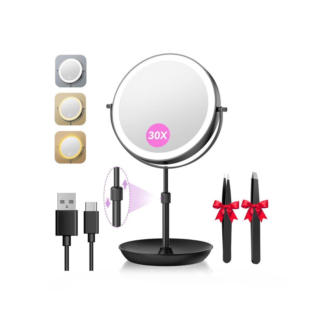 9" 1X/30X Lighted Makeup Mirror, Rechargeable Maginfying Mirror