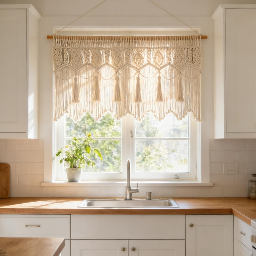 Macrame Wall Hanging Boho Woven Tapestry Valance Window Kitchen Macrame Curtain Door Divider Decoration Bedroom Home