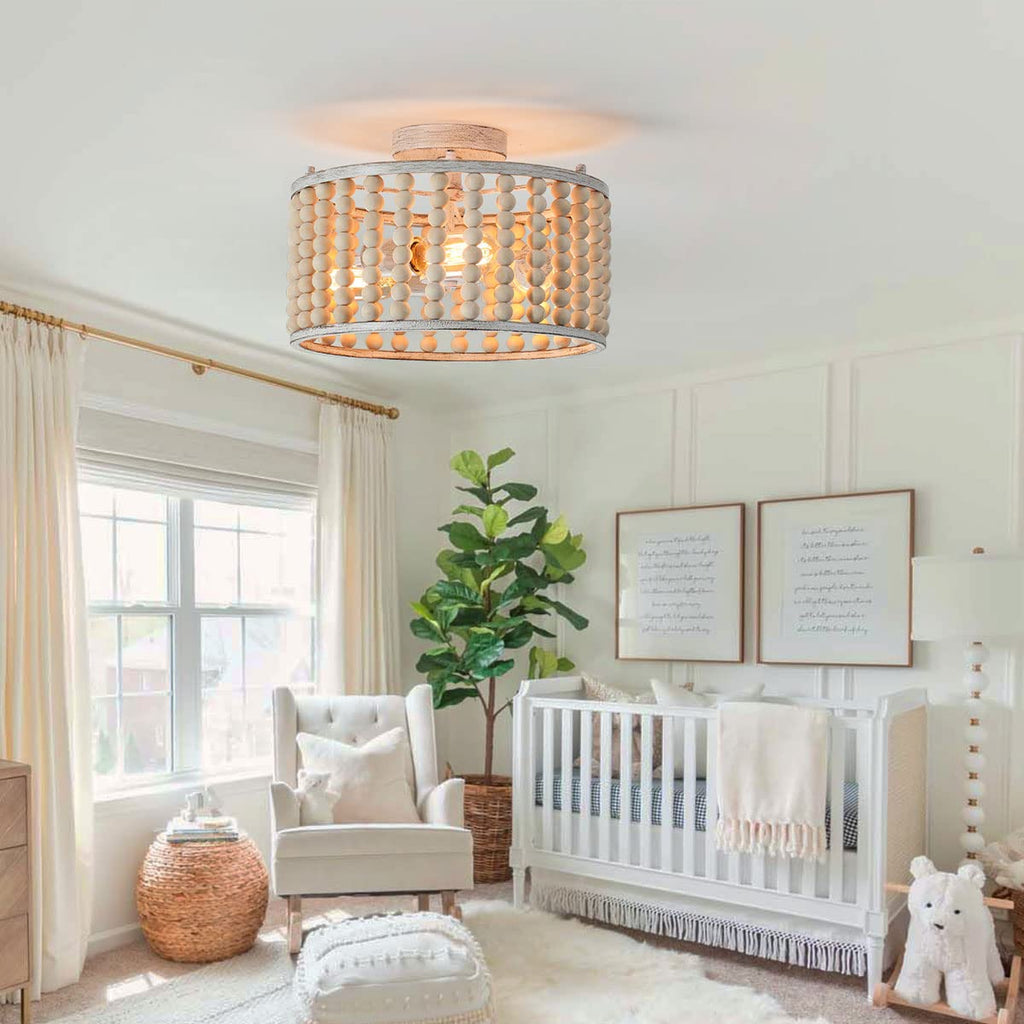 Wood Beaded Boho Chandelier Light Fixture, Semi Flush Mount Ceiling Light 3-Light Rustic Nursery Close to Ceiling