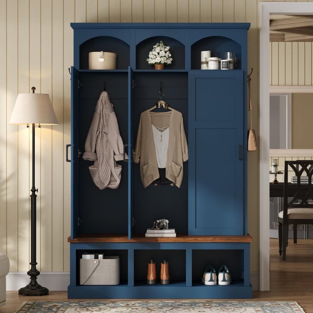 Farmhouse Blue Hall Tree with Bench, 3 Hidden Storage with 3 Hooks