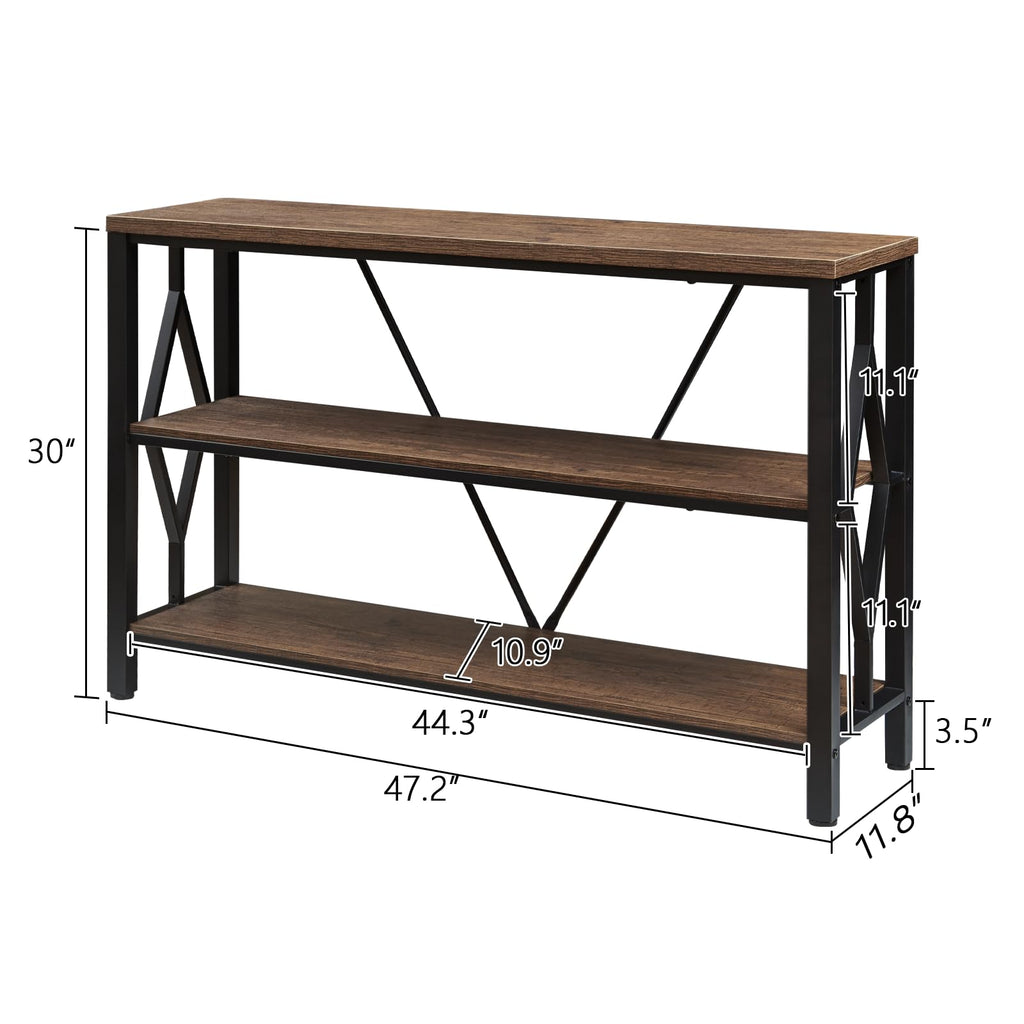 Sofa Console Table, Rustic Entry Table with 3 Tier Bookshelf, Brown 47 Inch