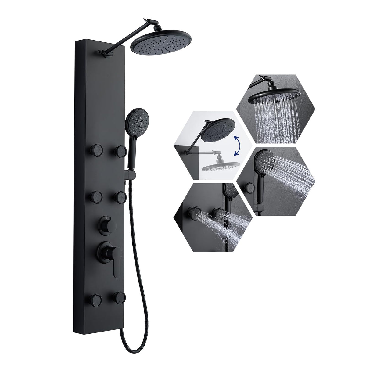 Shower Panel Tower System with Adjustable 6 Body Jets, Matte Black
