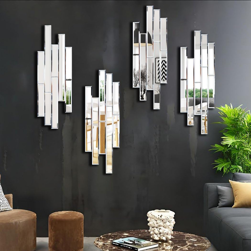 Artisan Set of 4 Silver Beveled Wall Decor Mirrors - 24x8 Inch Each, Creative Combination Design for Modern &