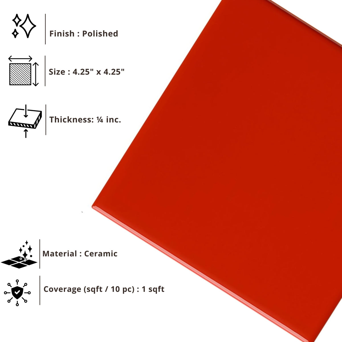 4.25x4.25 Inch Glossy Red Ceramic Wall Tile by - Box of 10 Pieces (1 Sq Ft) for Classic Kitchen Backsplash, Bathroom