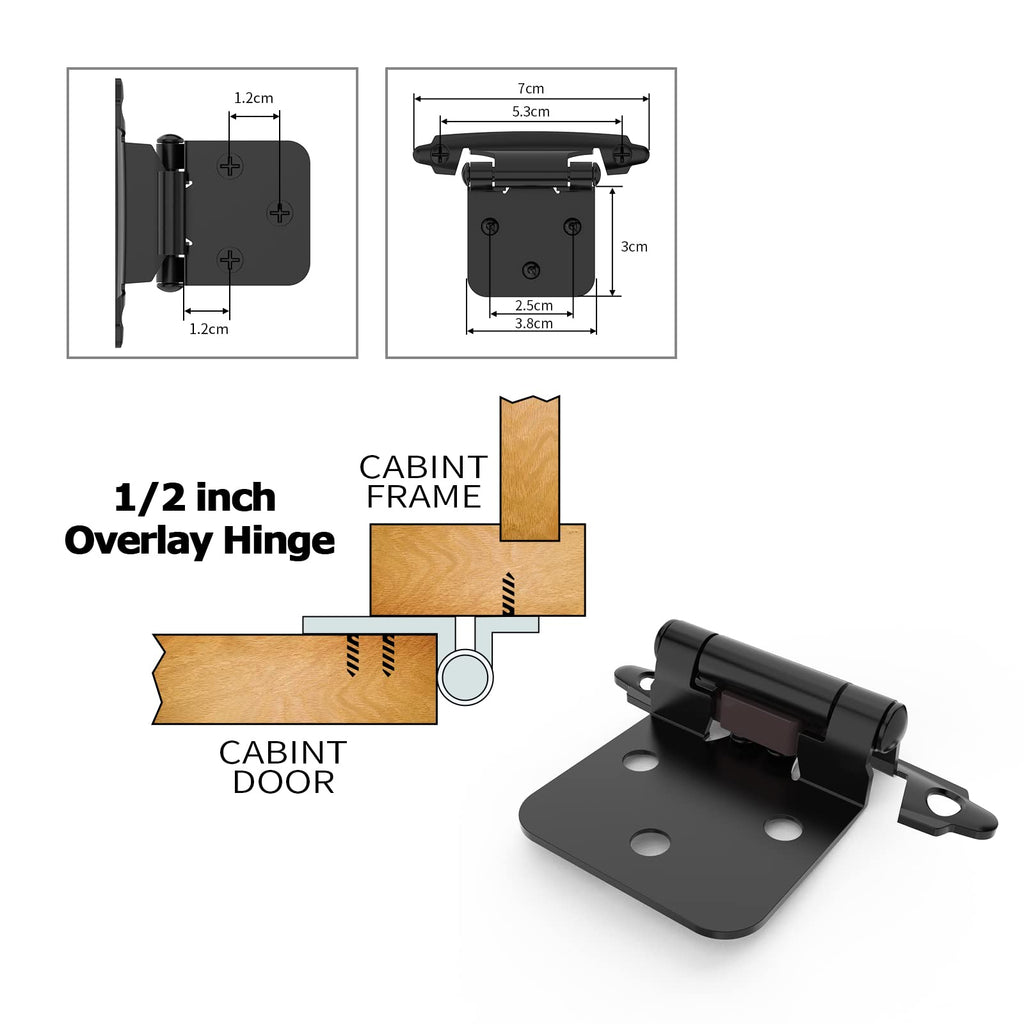 1/2" Overlay Cabinet Hinges, 50 Pack Self Closing Flush Mount Hinges with Door Bumper, Variable Decorative Hardware