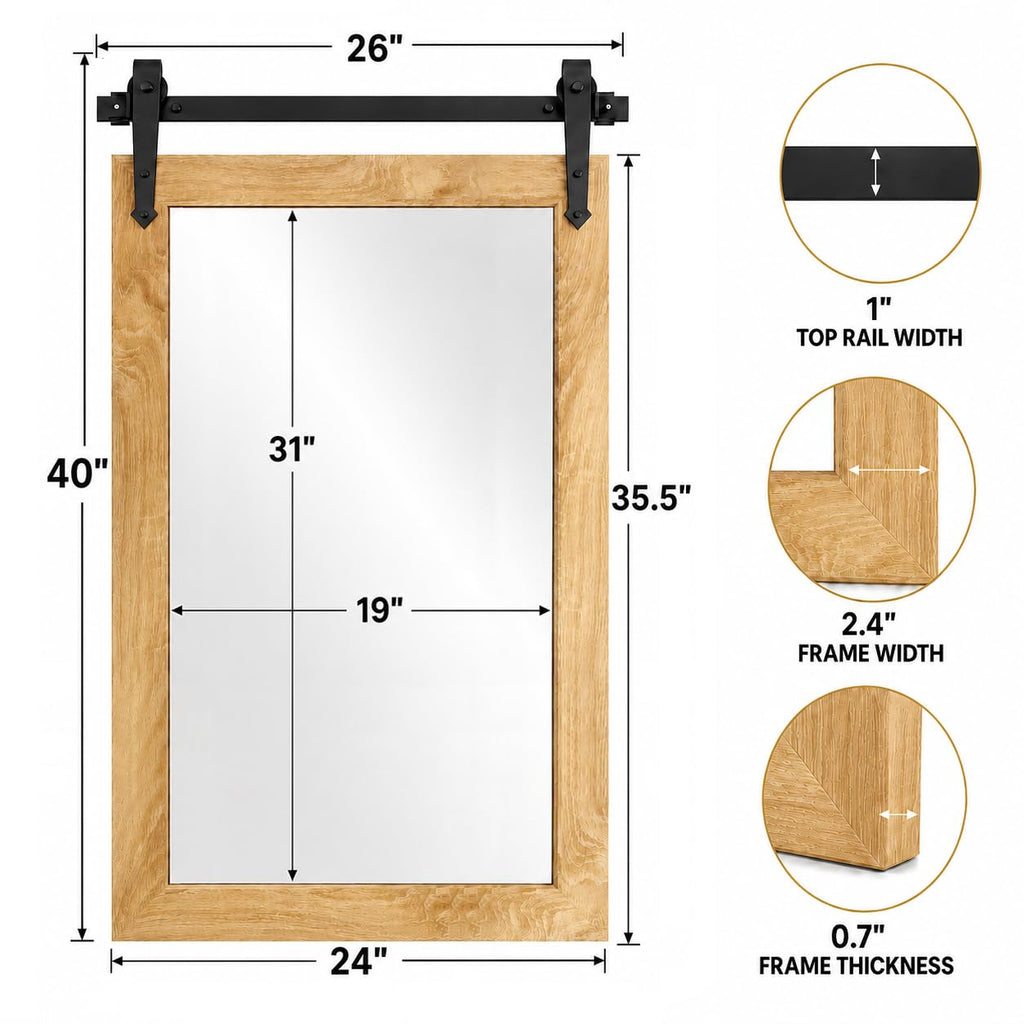 Farmhouse Bathroom Mirror 26"x40" Rustic Wood Framed Wall Mirror Barn Door Mirror for Wall (Brown)
