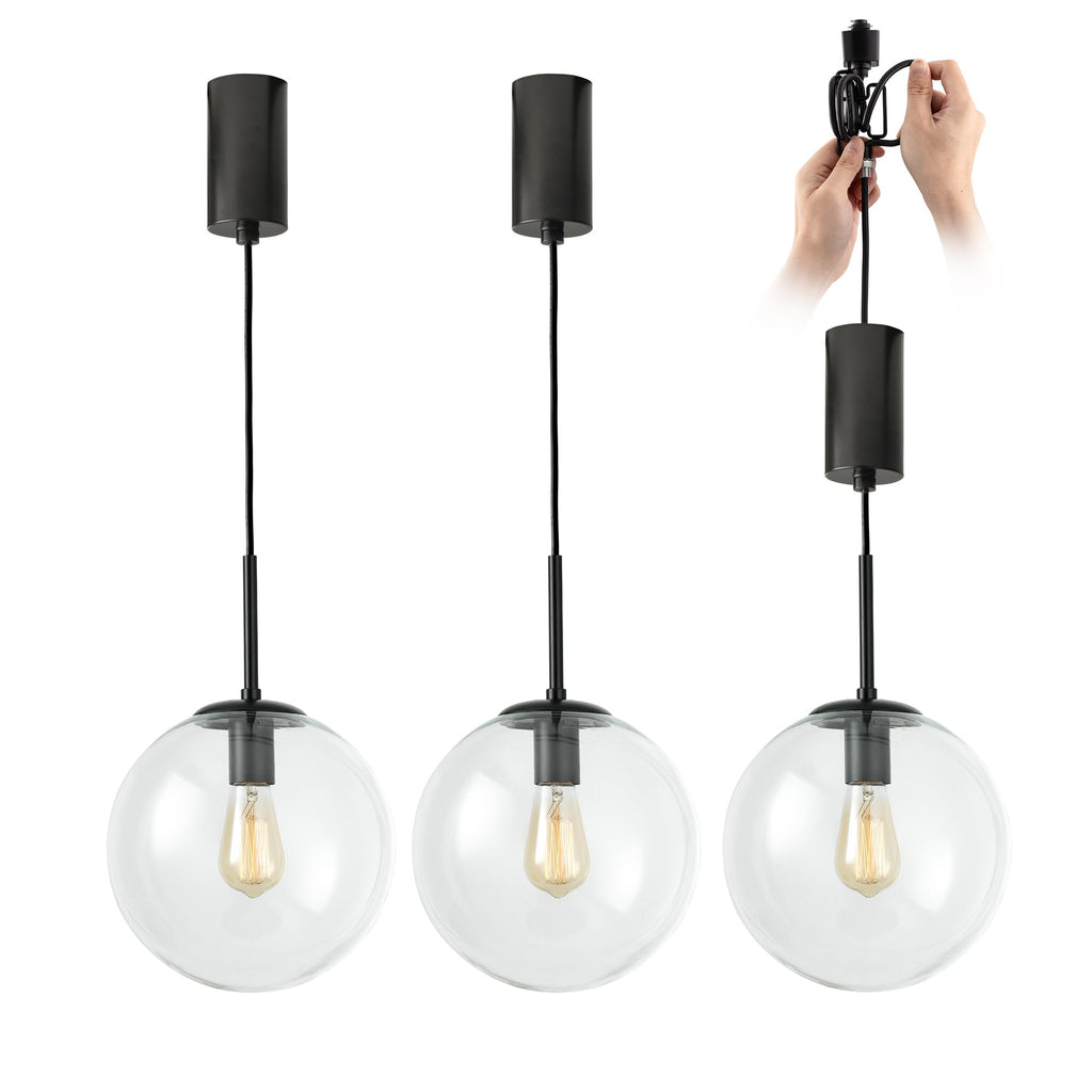 H-Type Black Track Lighting Pendant with Clear Glass Globe Shade, Adjustable Hanging Light, E26 Socket, Pack of 3